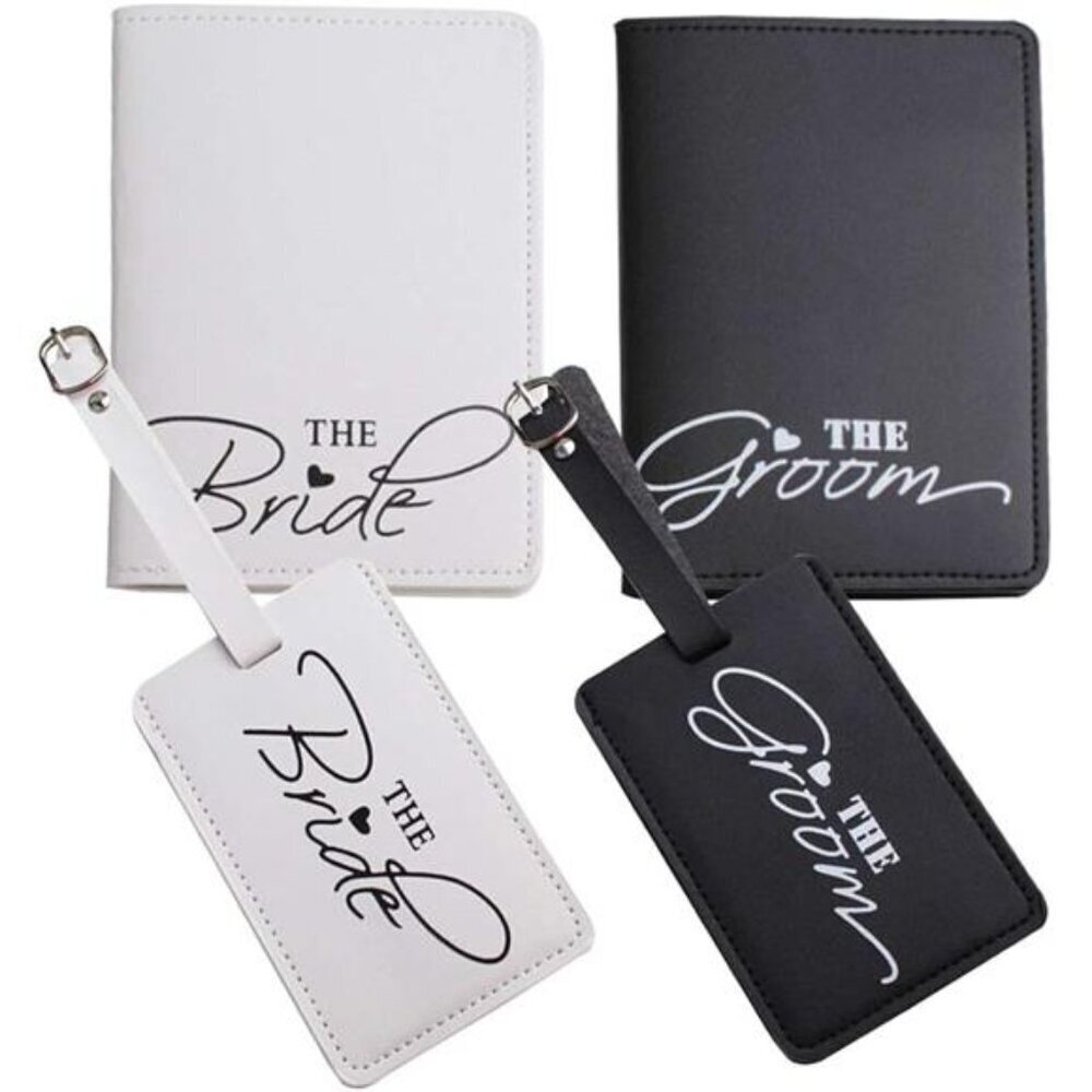 Luggage Tags & Passport Covers Set Bride Groom Couple - Picture 1 of 5